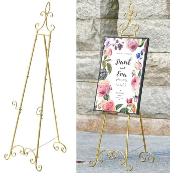 61H x 20L x 24W Metal Extra Large Free Standing Display Stand Easel, Gold Scroll Floor Easel Stand for Sign Wedding Mirror Picture Frame, with Adjustable Chain$$Home Decor, Kitchen, & Other