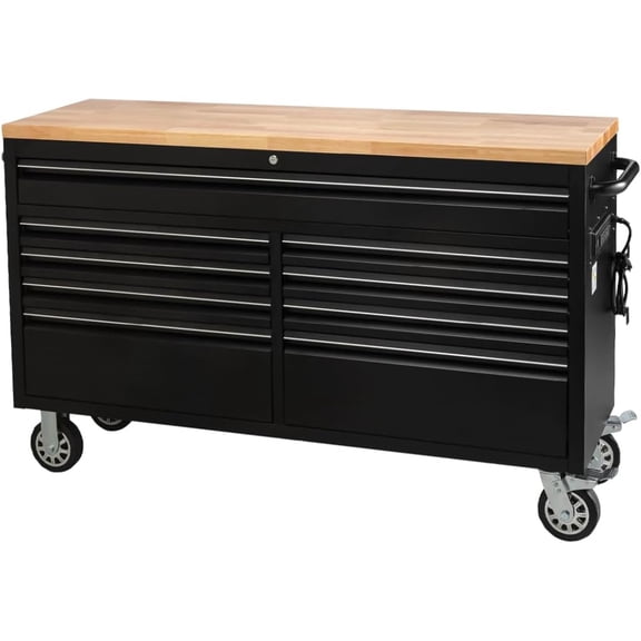 61" Heavy-Duty Rolling Tool Chest Workbench – 9 Drawers, Steel, Rubber Wood Top, Key Lock, Drawer Liners, Black