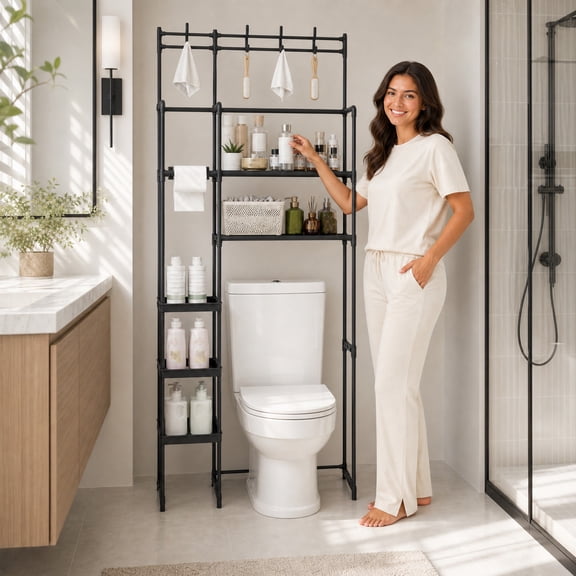 61 in Height Over The Toilet Storage Rack,Big Capital Storage Rack, Bathroom Space-Saving Organizer for Toiletries and Towels, Sturdy Plastic Floor Standing Shelf,Black