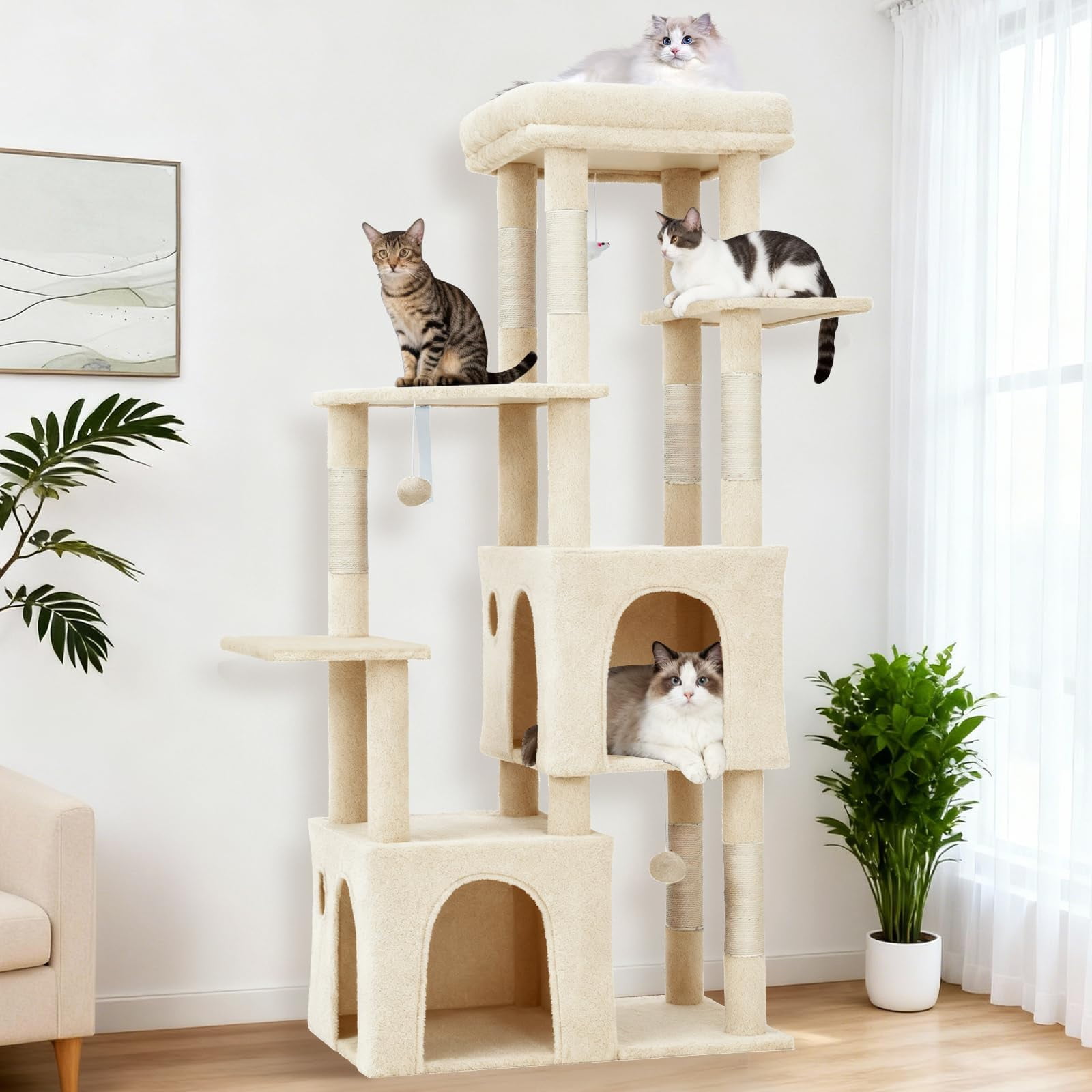61 Inch Cat Tree for Large Cats, Heavy-Duty Cat Tower with Extra Large Perch & 2 Condos, Multi-Level Cat Furniture for Maine Coon & Adult Cats, Sisal Scratching Posts with Toys (Beige)