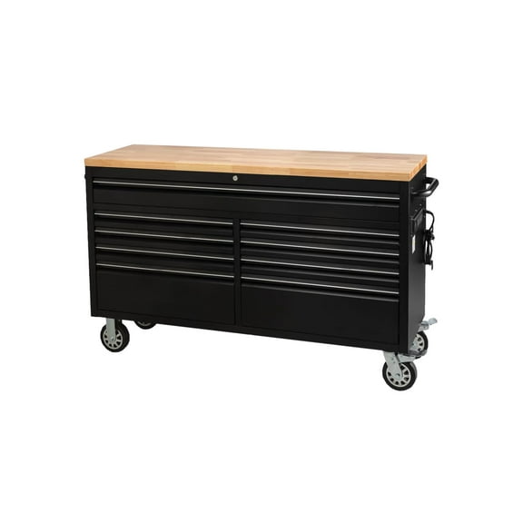 61-Inch Heavy-Duty Rolling Tool Chest & Mobile Workbench with 9 Drawers, Rubber Wood Tabletop, Key Locking System and Drawer Liners, Steel Storage Cabinet for Garage, Workshop, Warehouse Repair