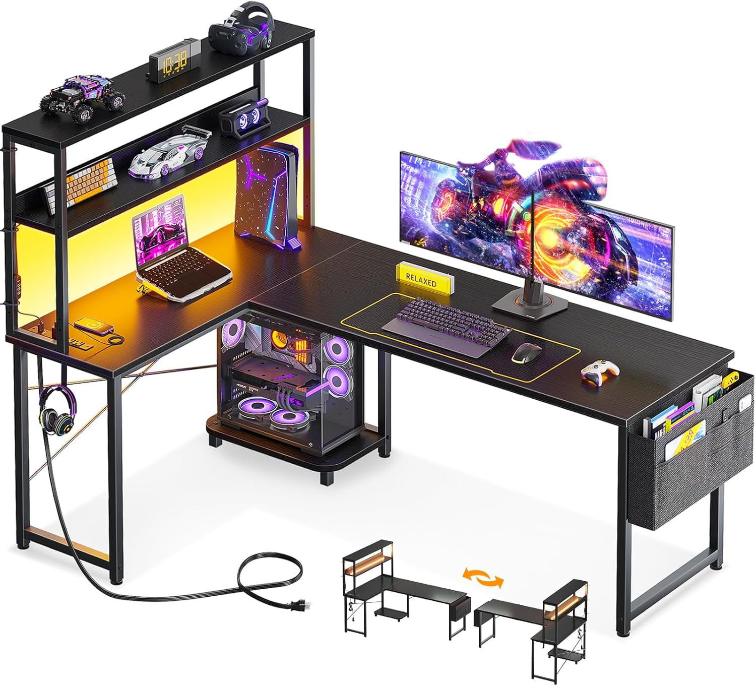 61 Inch L Shaped Desk with LED Lighting, Reversible Gaming Desk with Power Outlets, Cornor Computer Table with Storage Shelves & Bag & Iron Hook, Home Office Table for Writing, Study, Black