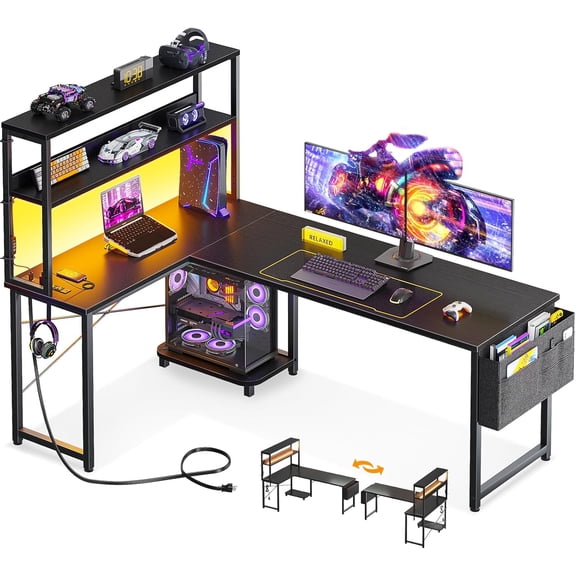 61 Inch L Shaped Desk with LED Lighting, Reversible Gaming Desk with Power Outlets, Cornor Computer Table with Storage Shelves & Bag & Iron Hook, Home Office Table for Writing, Study, Black