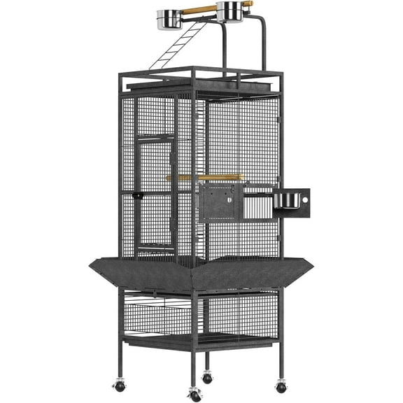 61 Inch Large Metal Bird Cage with Play Top, Rolling Stand, Feed Bowls & Spacious Design for Parrots, Cockatiels, Conures, Cockatoos & More, Wide Tall Flight Cage for Parakeets & Medium Birds