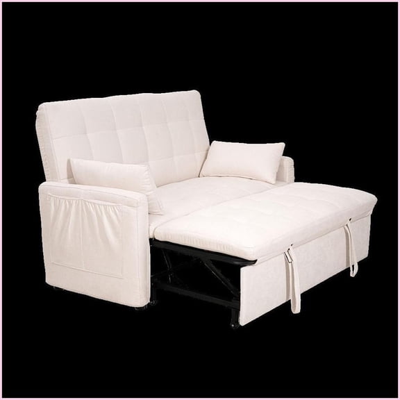 61-Inch Modern Linen Convertible Sofa Bed – 2-in-1 for Living Room/Bedroom with Reinforced Frame & Storage Pockets | Linen | Beige | Cushion Back