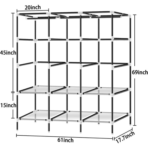 61-Inch Portable Wardrobe with 3 Hanging Rods and 6 Shelves, Non-Woven Fabric,  Closets for Clothes Storage