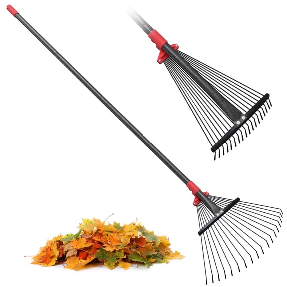 60 inch Rake for Leaves with 18 Metal Tines 10-18" Expandable Head Rakes Adjustable Handle for Lawn Leaf Rake Yard Tools for Collecting Leaves, Grass Clippings, Garbage