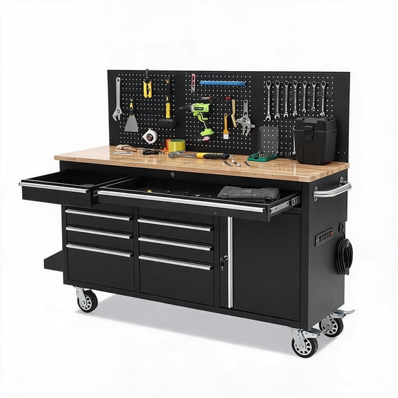 61 Inch Rolling Tool Cabinet, 10 Drawers Workbench with Rubber Wood Top, Lock and Power Strip | Tool Cabinet
