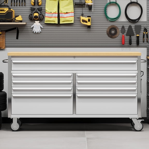 61 Inch Rolling Tool Chest Workbench with Solid Wood Top, 9 Drawer Lockable Tool Storage Cabinet on Wheels, Heavy Duty Mobile Tool Box Cart for Garage, Workshop and Repair Shop