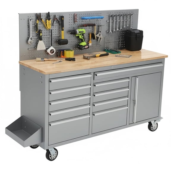 61-Inch Rolling Tool Chest with 10 Drawers Garage Workbench, Solid Rubberwood Top, Storage Cabinet with Wheel Lock and Key Lock