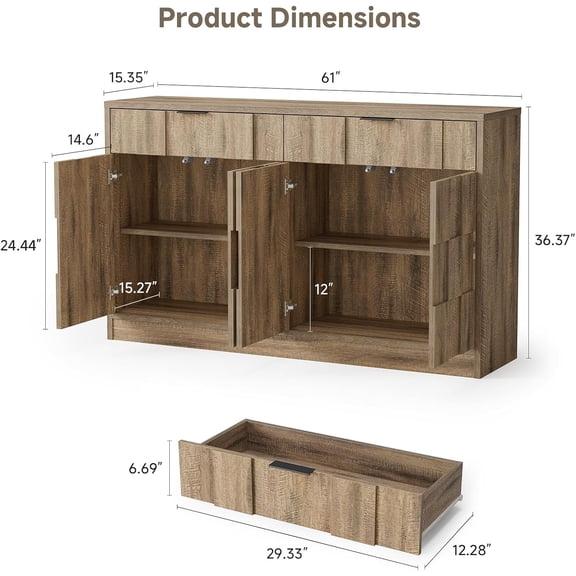 61 Inch Sideboard Buffet Cabinet with Storage, Large Coffee Bar Cabinet with Doors and Drawers, Wood Credenza Console Table for Kitchen Living Room Entryway, Washed Grey