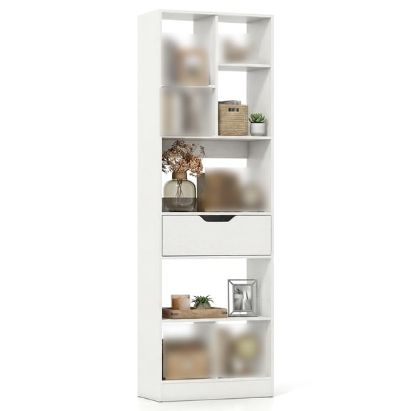 61-Inch Tall Open Bookcase with Drawer, 8-Cube Display Storage Cabinet for Living Room Home Office Study, Freestanding Wooden Shelf Bookshelf with 2 Anti-Tip Kits, White
