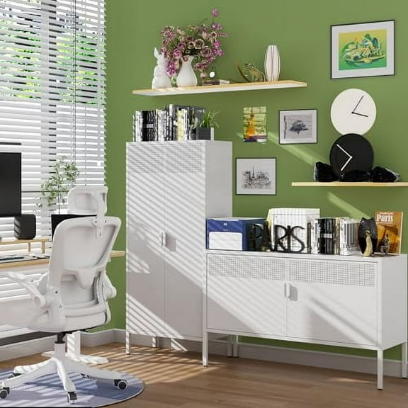 61 Inches Metal Storage Cabinet with Doors and Shelves, 4 Tier Kitchen Pantry Cabinet, Multi-Purpose Metal Cabinet for Home, Dining, Laundry, Living, Bathroom and Utility Rooms (Wh