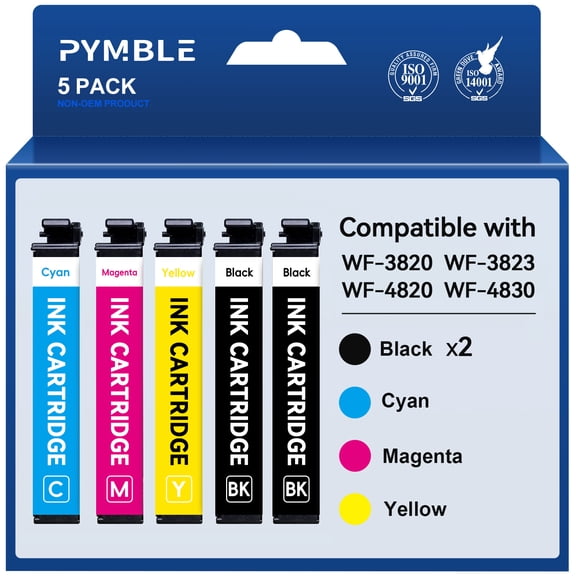 PYMBLE 822XL Ink Cartridges compatible for Epson 822 Ink Cartridges for Workforce Pro WF-3820 WF-4820 WF-4833 WF-4834 WF-4830(5-Pack, Black Cyan Magenta Yellow)