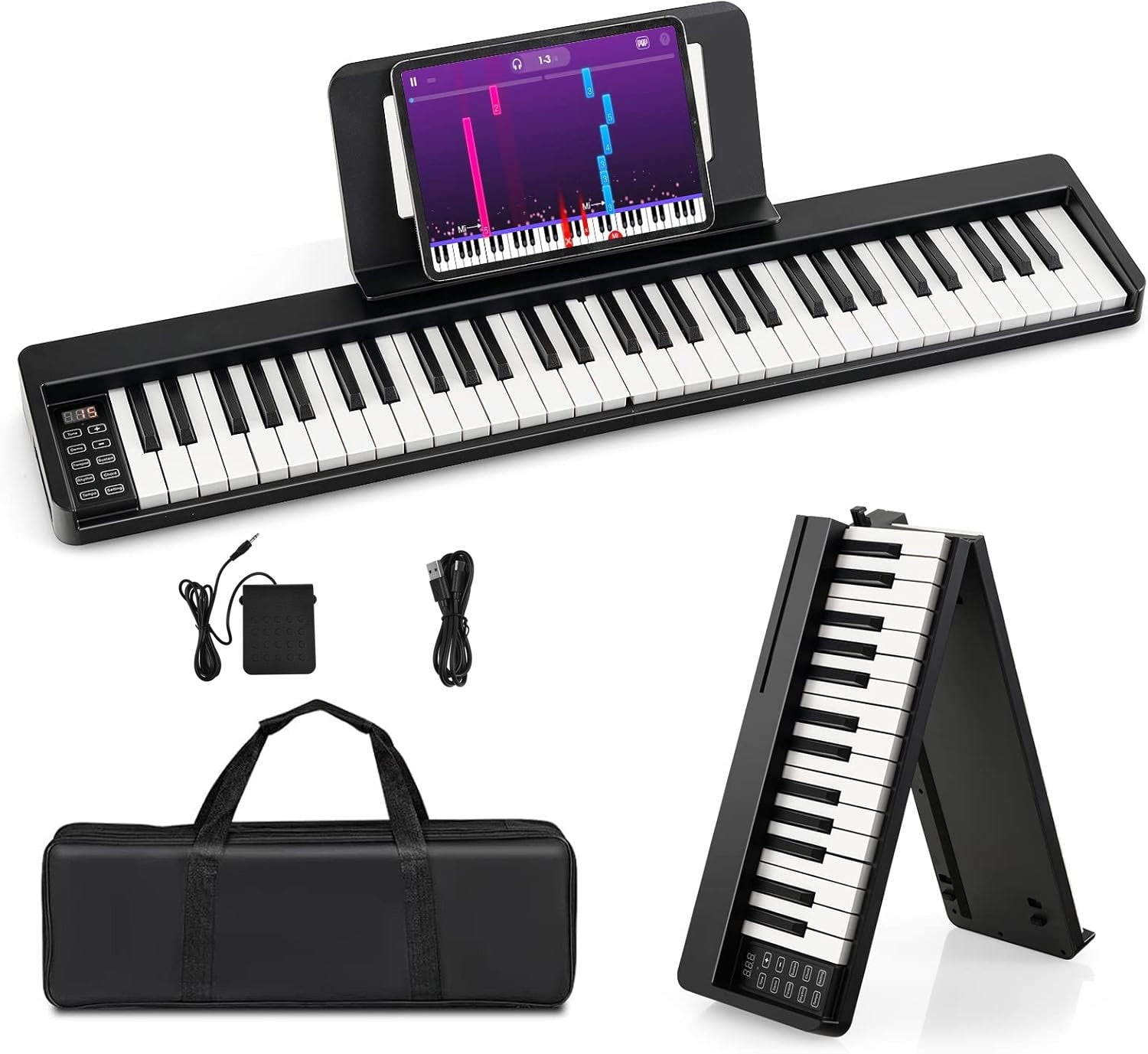 61 Key Folding Keyboard Piano, Semi Weighted Electric Digital Piano Keyboard, Portable Travel Piano Music Keyboard with Sustain Pedal, Sheet Stand, Piano Bag for Beginner, Adults