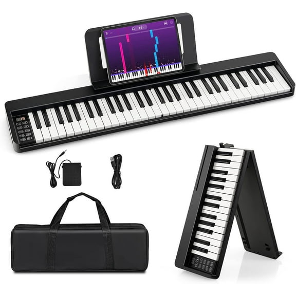 61 Key Folding Keyboard Piano, Semi Weighted Electric Digital Piano Keyboard, Portable Travel Piano Music Keyboard with Sustain Pedal, Sheet Stand, Piano Bag for Beginner, Adults