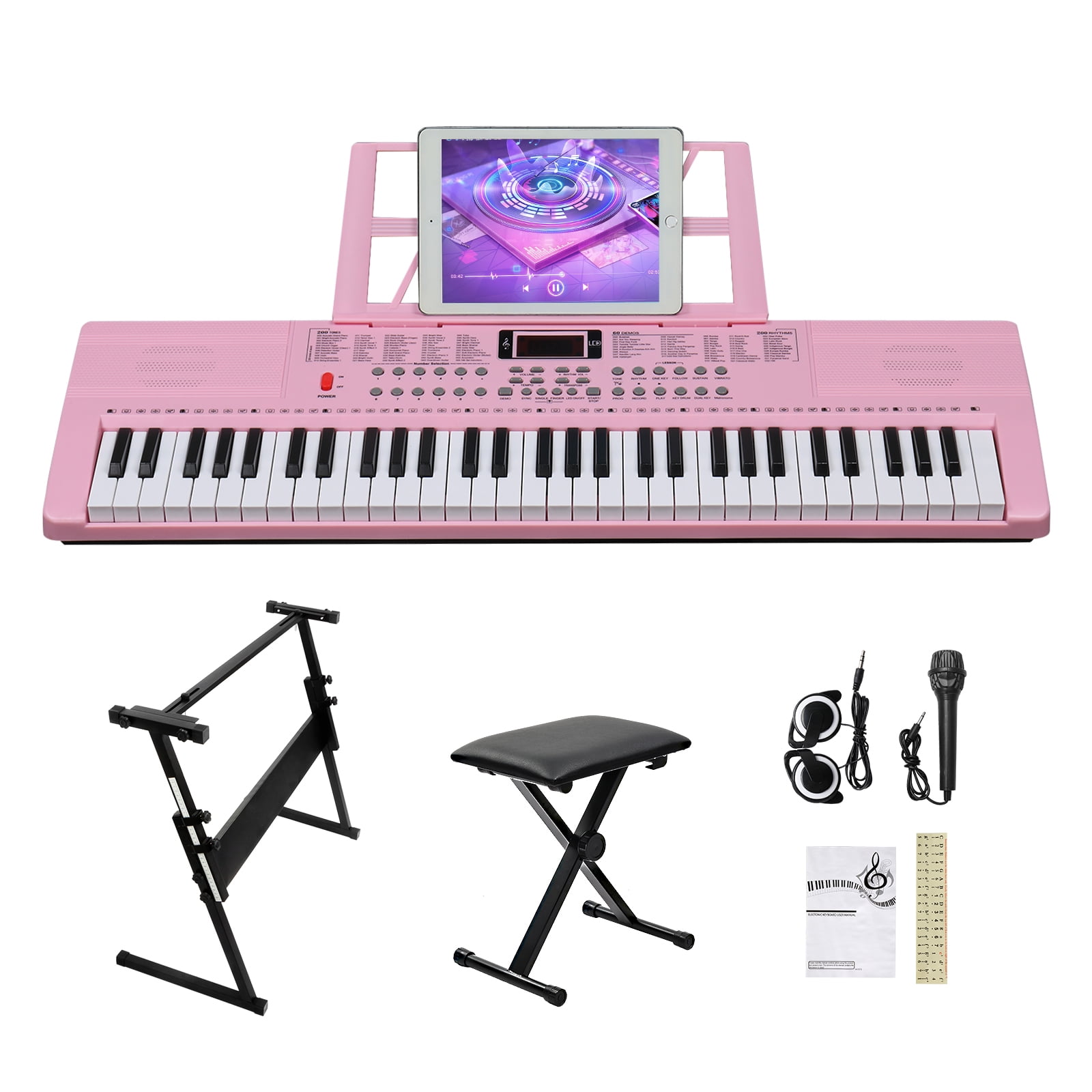 61 Key Lighting Keyboard with Piano Stand, Piano Bench, Built In Speakers, Headphone, Microphone, Music Rest, LED Screen, 3 Teaching Modes for Beginners