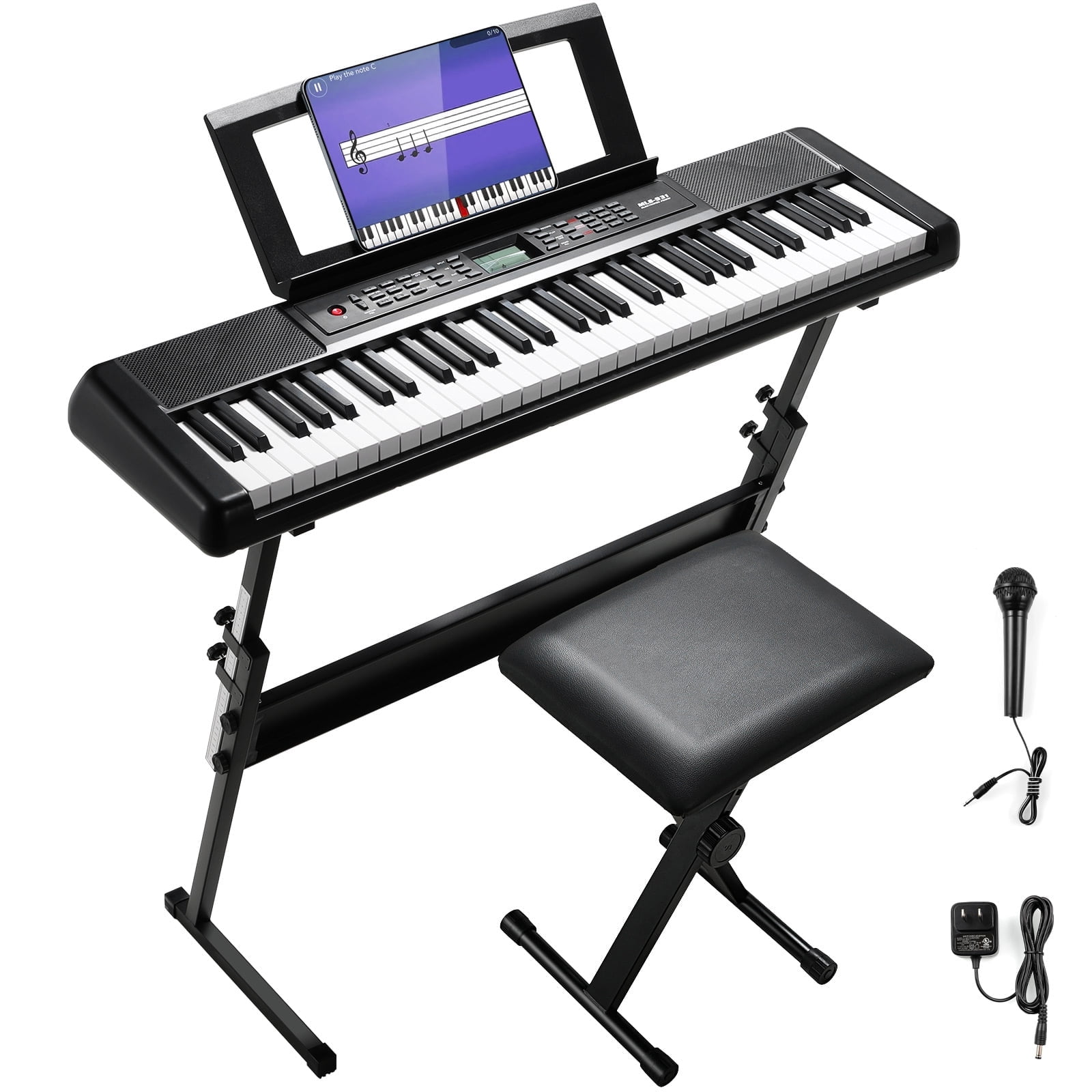 61 Key Piano Keyboard, Electric Keyboard Piano Kit with Stand, Stool, Holder, Microphone, LCD, Dual Speakers-Ideal for Beginners, Kids and Adults