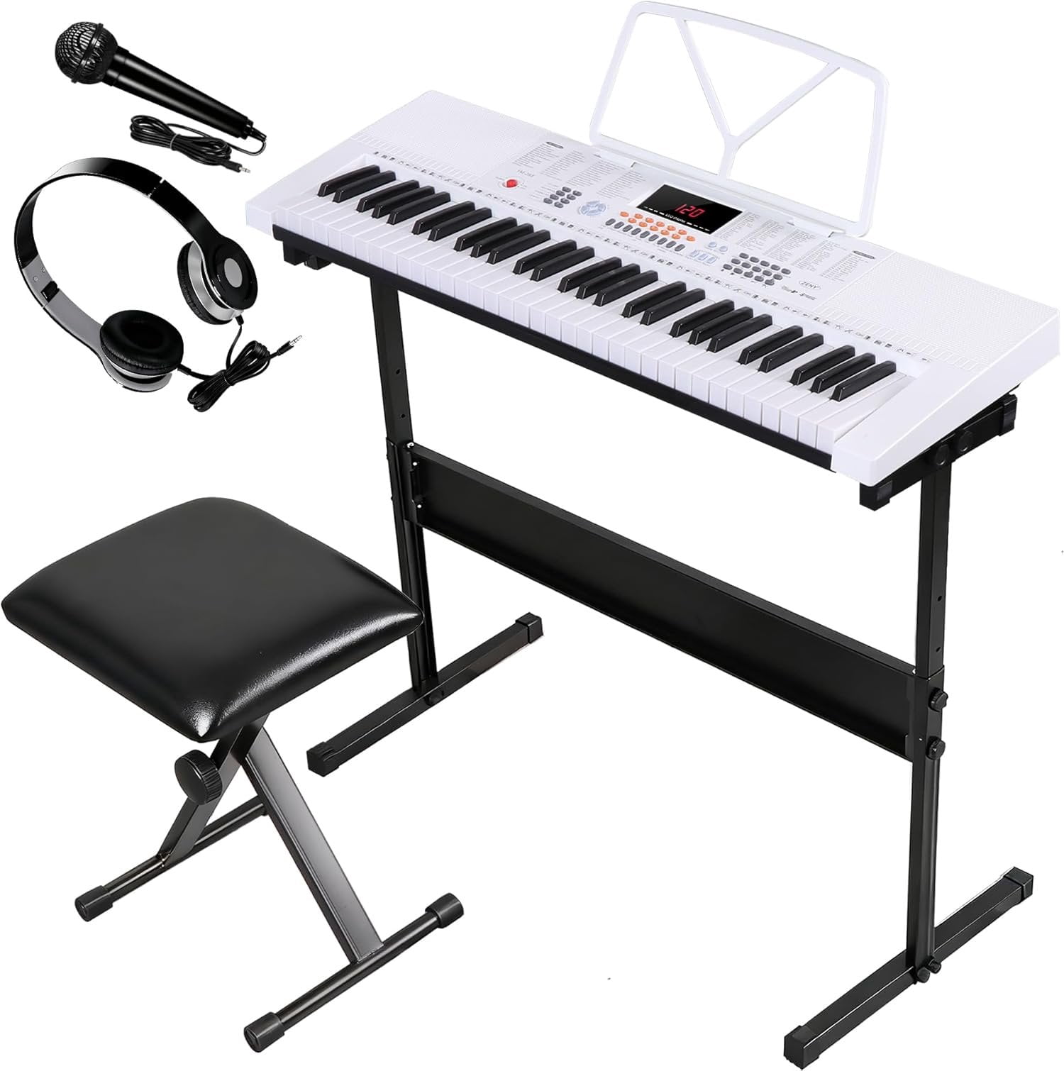 61-Key Portable Electric Keyboard Piano with Built In Speakers, LED Screen, Headphones, Microphone, Piano Stand,  Sheet Stand and Stool (White)