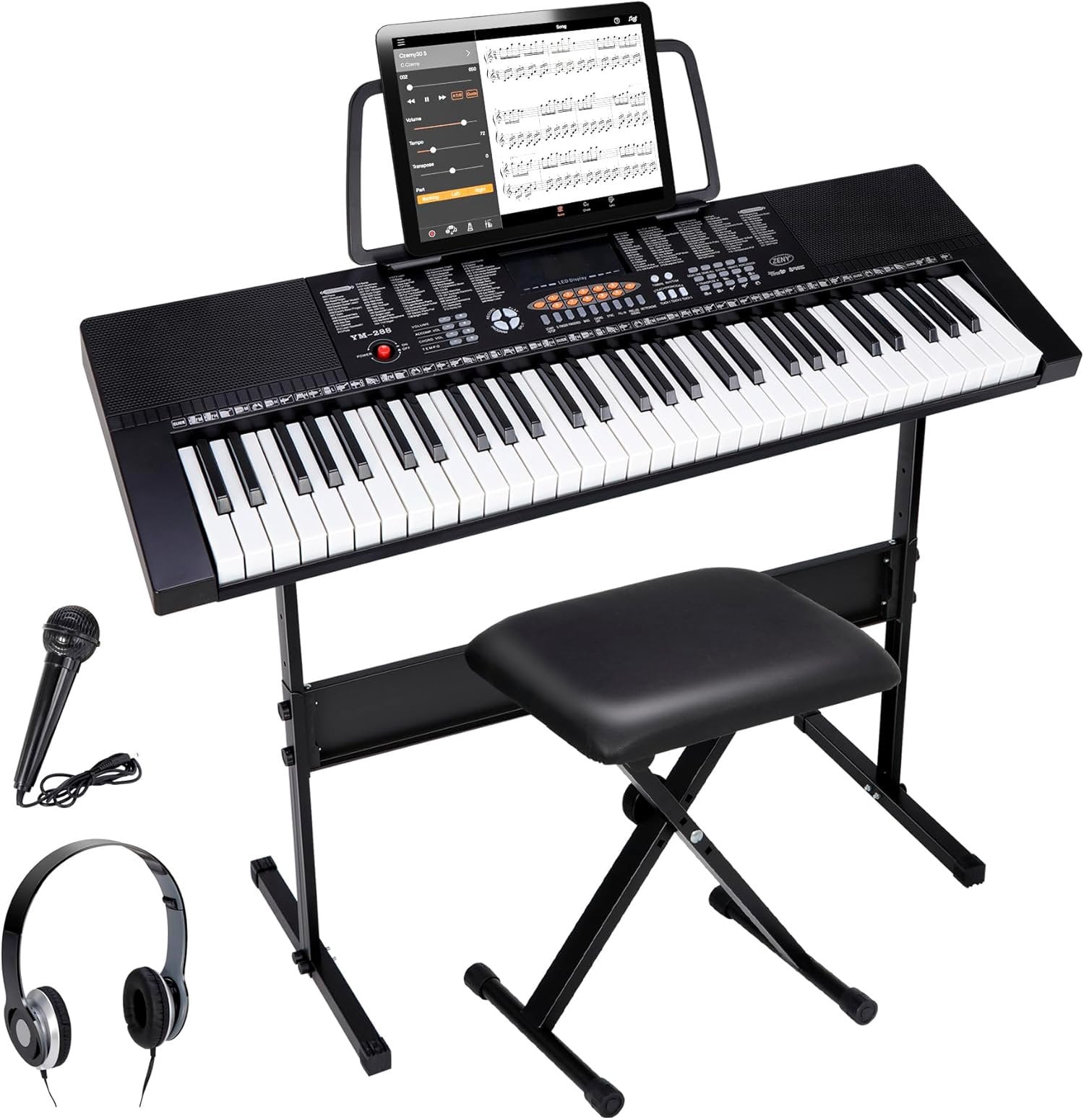 61-Key Portable Electric Keyboard Piano with Built In Speakers, LED Screen, Headphones, Microphone, Piano Stand,  Sheet Stand and Stool