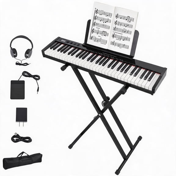 61-Key Semi-Weighted Digital Piano Keyboard – 128 Tones, 128 Rhythms, 80 Sample Songs – Portable Electronic Piano with Stand, Power Adapter, USB MIDI
