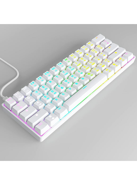 61 Keys 60% Mechanical Gaming Keyboard, Rainbow Backlit, Quiet, Programmable, USB Wired, for PC Windows Mac, White