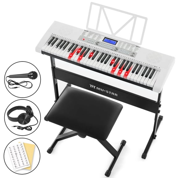 61 Keys Electric Piano Keyboards with Lighted Up Keys,255 rhythms,Bench,Stand,Headphone,Microphone(White)