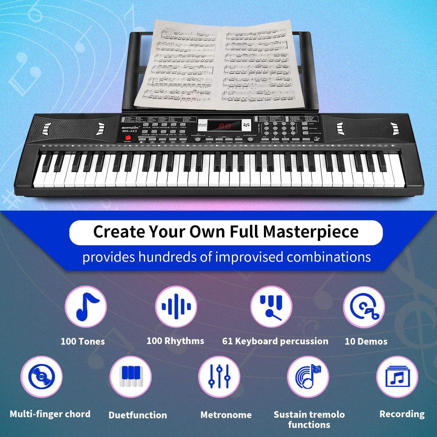 61 Keys Electronic Digital Piano with Microphone, Portable Keyboard for Beginners