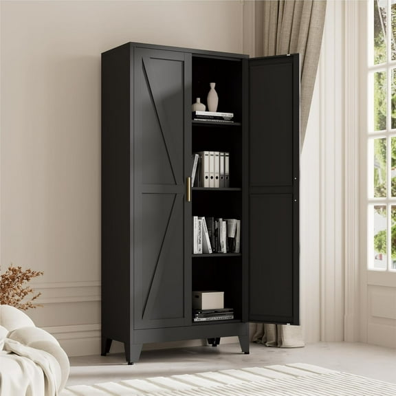 61" Kitchen Pantry Cabinet, Farmhouse Metal Storage Cabinet with 2 Doors and 3 Adjustable Shelves, Metal Pantry Closet Cabinets for Kitchen Bathroom, Home Office, Living Room