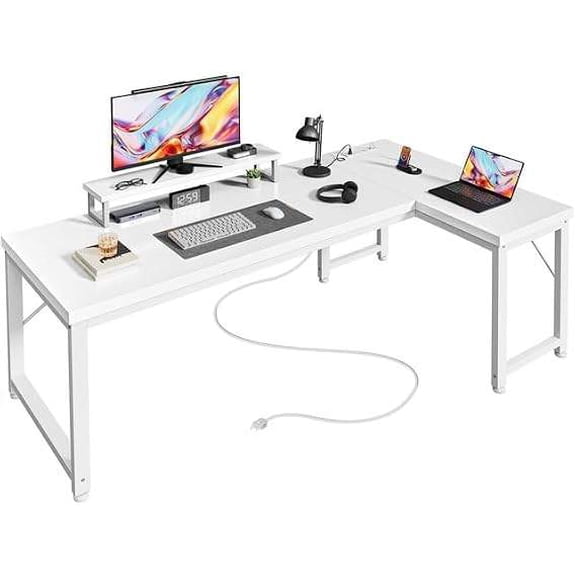 61" L-Shaped Computer Desk with Power Outlets, Monitor Stand, and White Finish