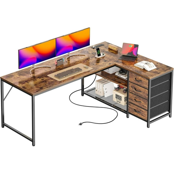 61" L Shaped Desk with Power Outlets and -C Port, Reversible Computer Corner Office Desk with 4 Fabric Drawers and 2 Height-Adjustable Shelves, Large for Gaming Writing Study, Rustic Brown