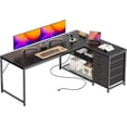 thumbnail image 1 of 61" L Shaped Desk with Power Outlets and USB-C Port, Reversible Computer Corner Office Desk with 4 Fabric Drawers and 2 Height-Adjustable Shelves, Large for Gaming Writing Study, Rustic Brown, 1 of 10