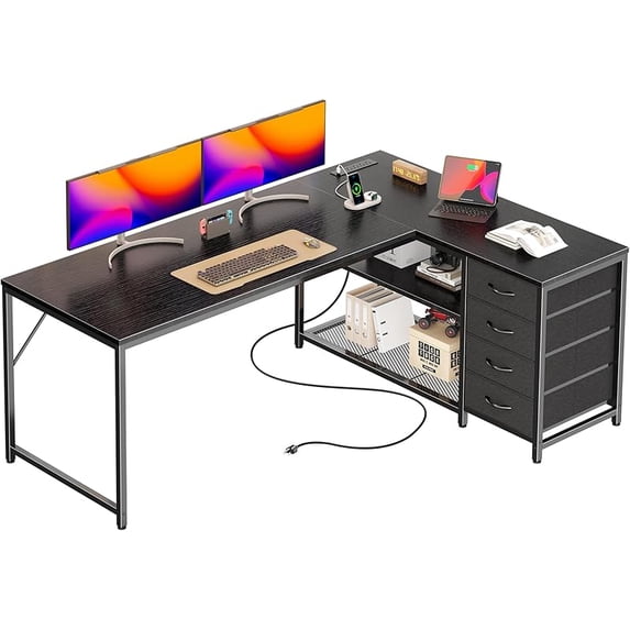 61" L Shaped Desk with Power Outlets and USB-C Port, Reversible Computer Corner Office Desk with 4 Fabric Drawers and 2 Height-Adjustable Shelves, Large for Gaming Writing Study, Rustic Brown