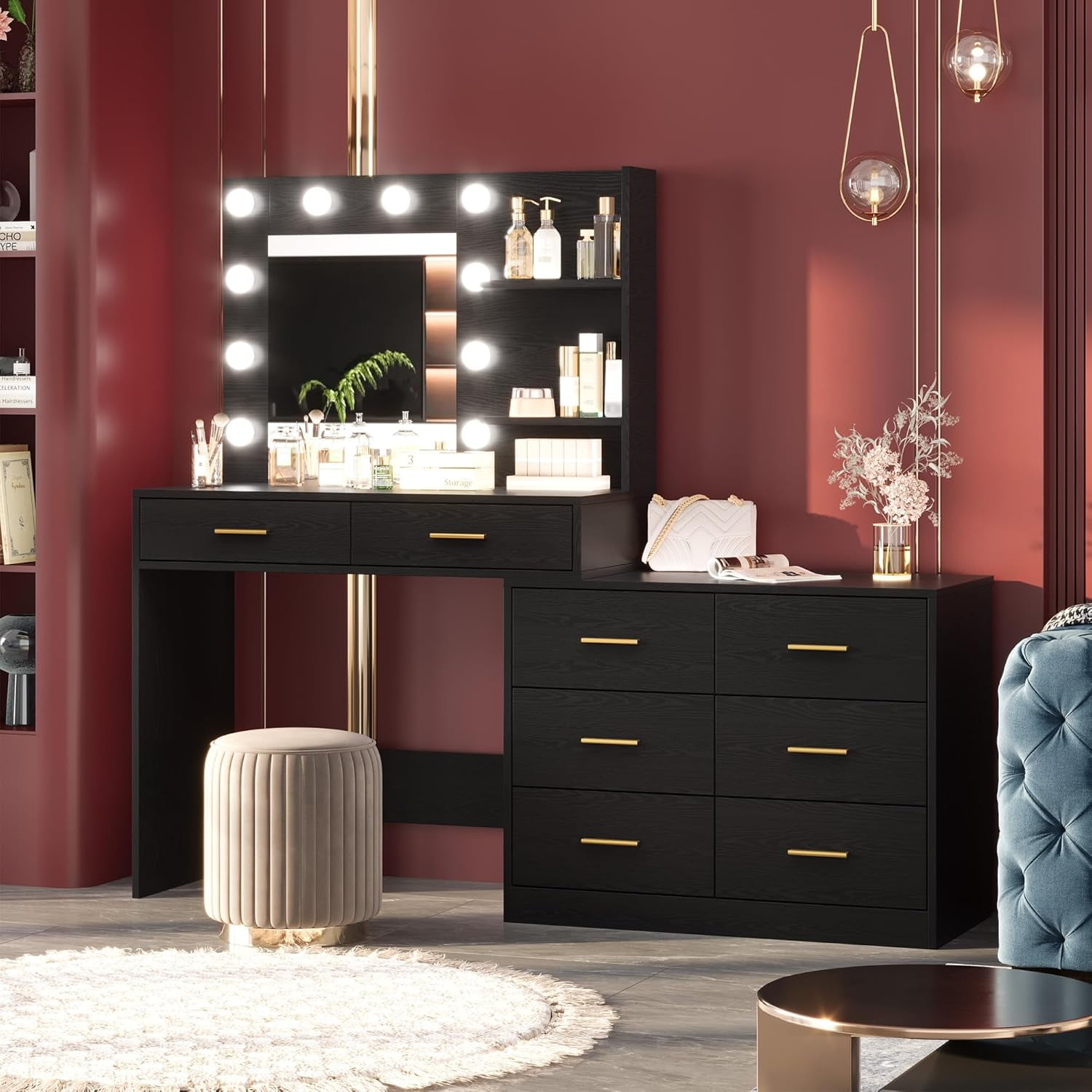61" Large Vanity Desk with Mirror and Lights,3 Lighting Modes,Makeup