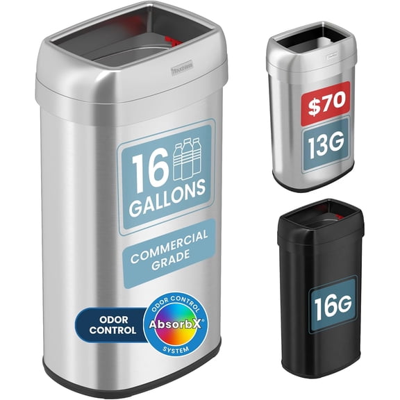 61 Liter / 16 Gallon Open Top Kitchen Trash Can & Recycle Bin with Double Odor Filters, Stainless Steel Commercial Grade Garbage Bin for Garage Home, Office, Restaurant, Restroom Store Dorm