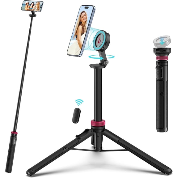 61'' Magnetic Selfie Stick Phone Tripod with Wireless Remote, Extendable Cell Phone Holder Stand, Compatible with MagSafe, Cellphone Tripod for iPhone 17 16 15 14 13 12 and Android Phones