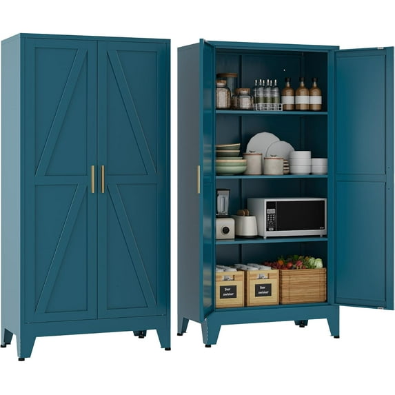 61''Metal Cabinet with 3 Adjustable Shelves,4-Tier Pantry Storage Cabinet,Kitchen Pantry Cabinets for Living Room,Dining Room, Blue