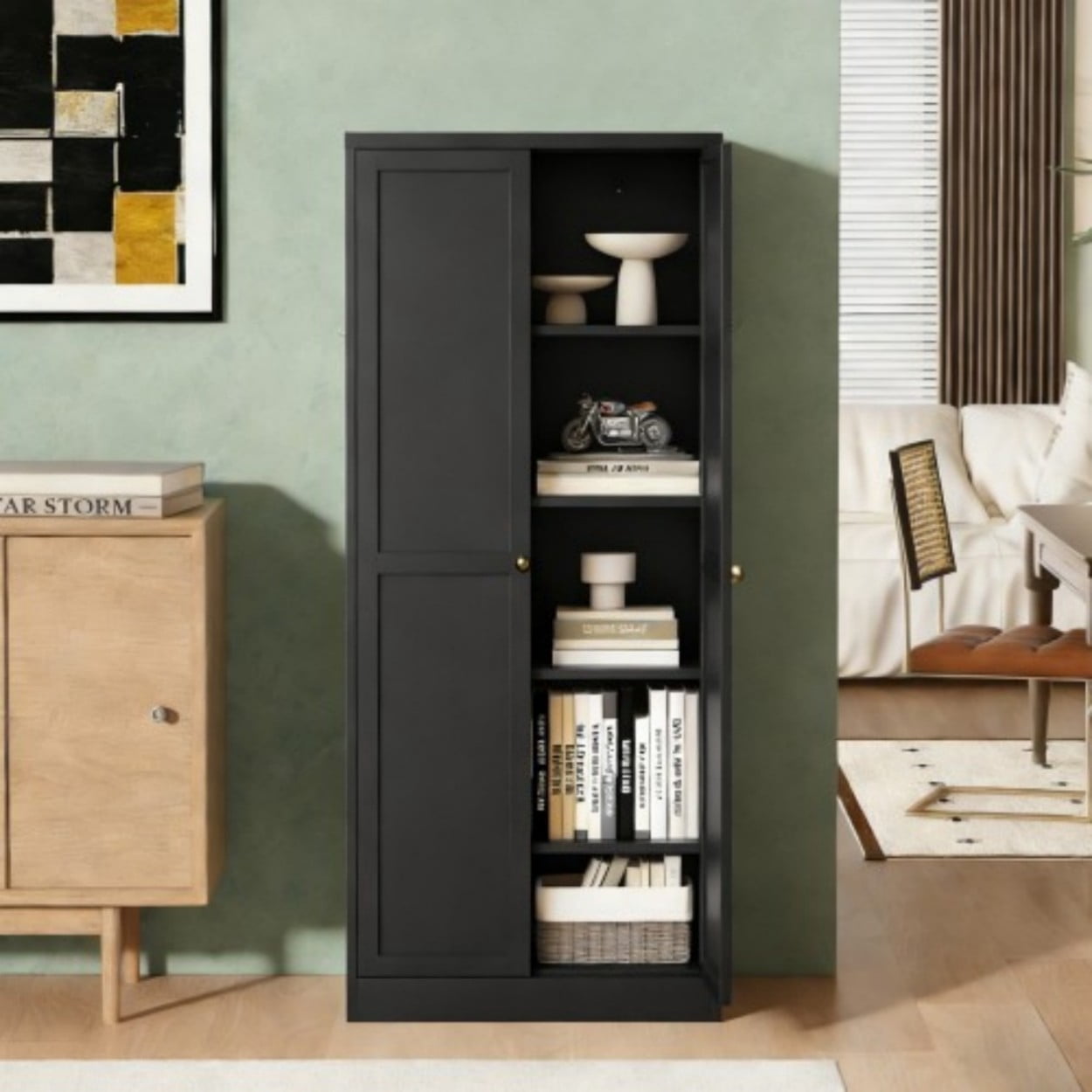 61" Metal Kitchen Pantry Cabinet, Heavy Duty Freestanding Storage Cabinet with 4 Adjustable Shelves, Farmhouse Organizer with Doors for Kitchen Living Room, Black