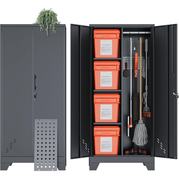 61" Metal Storage Cabinet, Black Brooms and Mops Closet with Doors and Shelves, Cleaning Supply Tool Storage Cabinets with Removable Pegboard for Garage, Utility Room, Outdoor