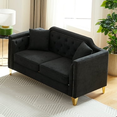 61"Mid-Century Sofa Chenille Fabric Couch with 2 Pillows and Gold Metal Legs Upholstered Loveseats with Copper Nail Decoration Armrest for Living Room, Apartment, Small Place, Black