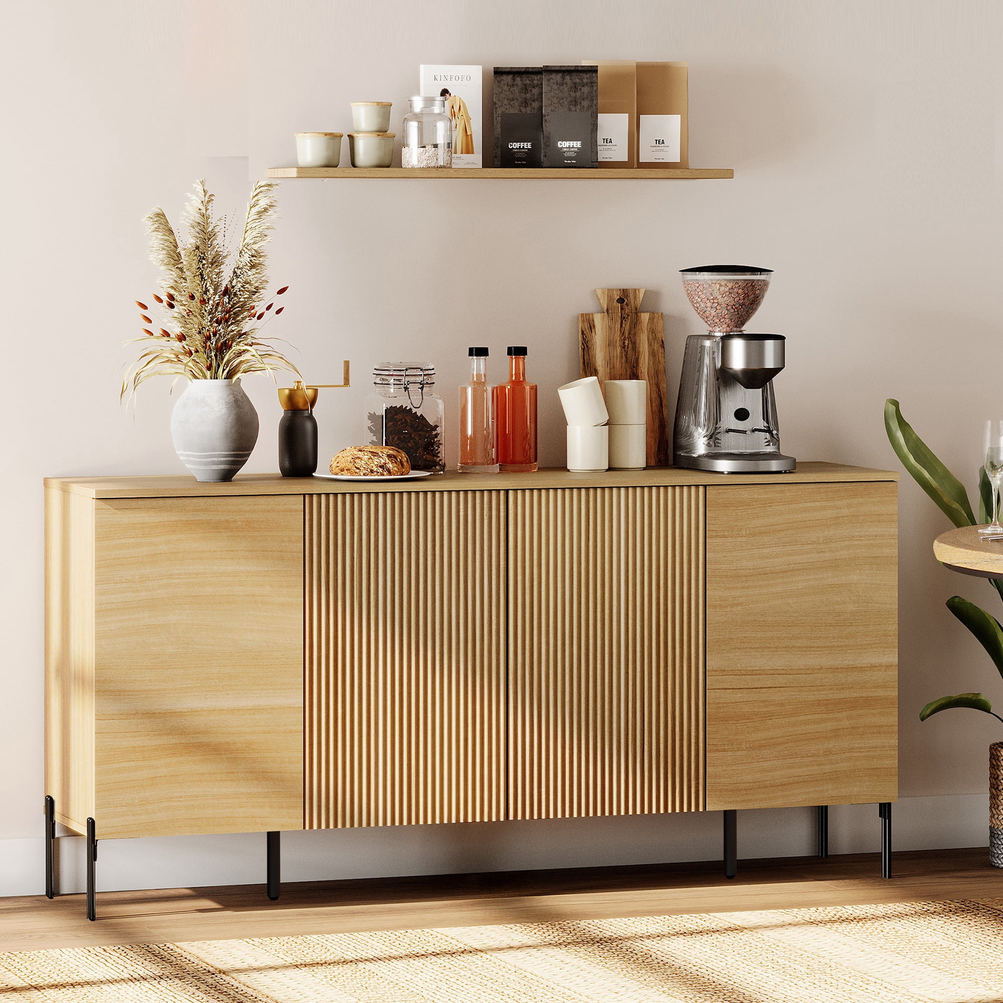 61" Minimalist 4-Door Sideboard With Rectangular Geometric Design And Double Chopstick Leg Base