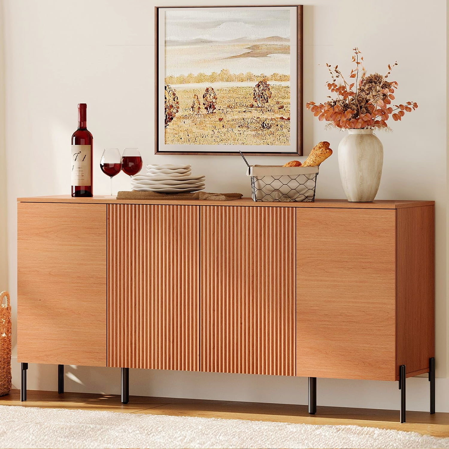 61" Minimalist 4-Door Sideboard With Rectangular Geometric Design And Double Chopstick Leg Base