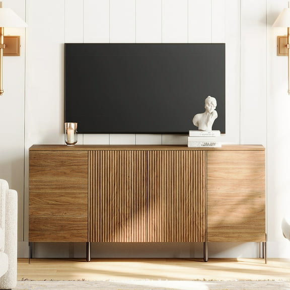 61" Modern TV Stand With Storage, Reeded Entertainment Center, Wooden TV Console With 4 Doors For Living Room