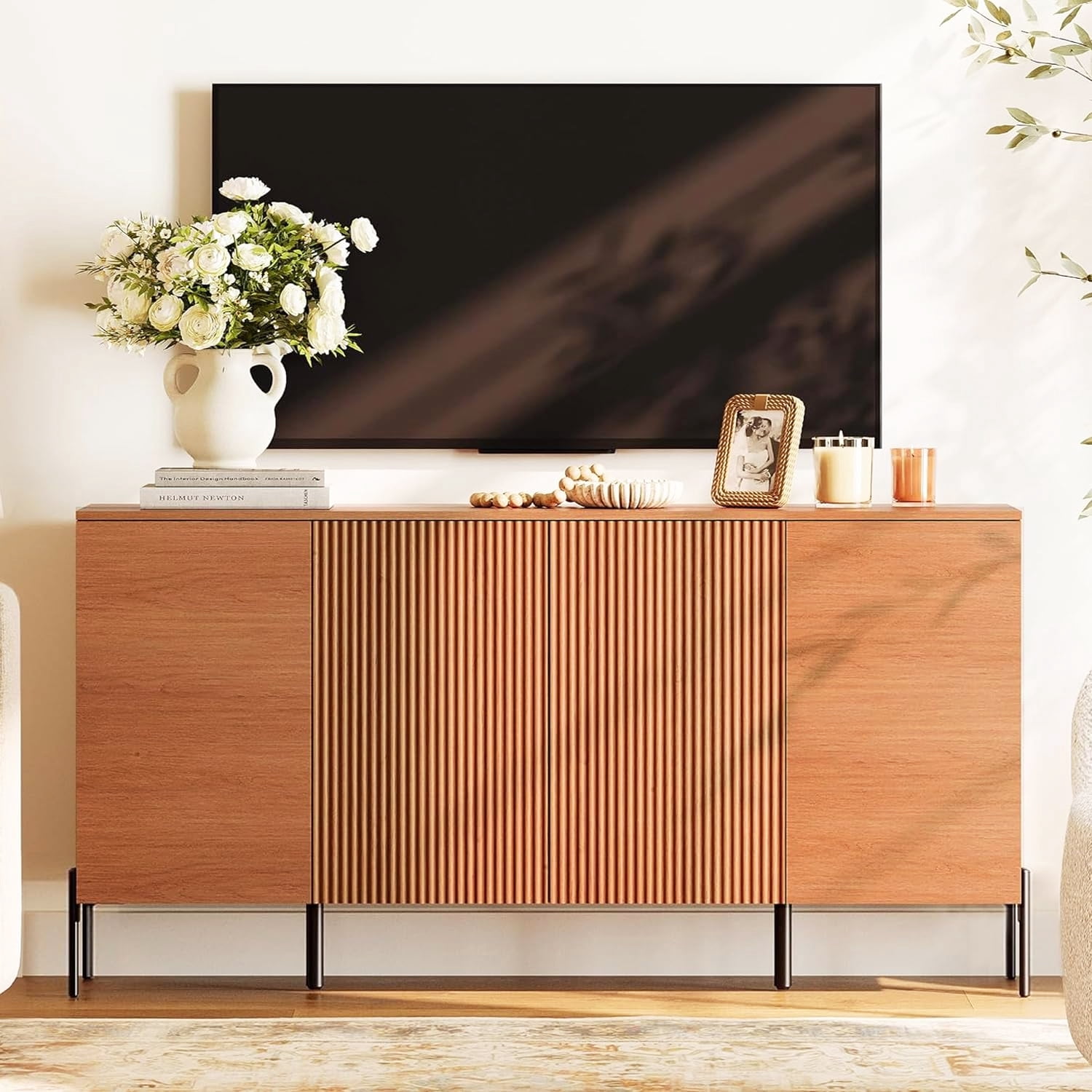 61" Modern TV Stand With Storage, Reeded Entertainment Center, Wooden TV Console With 4 Doors For Living Room
