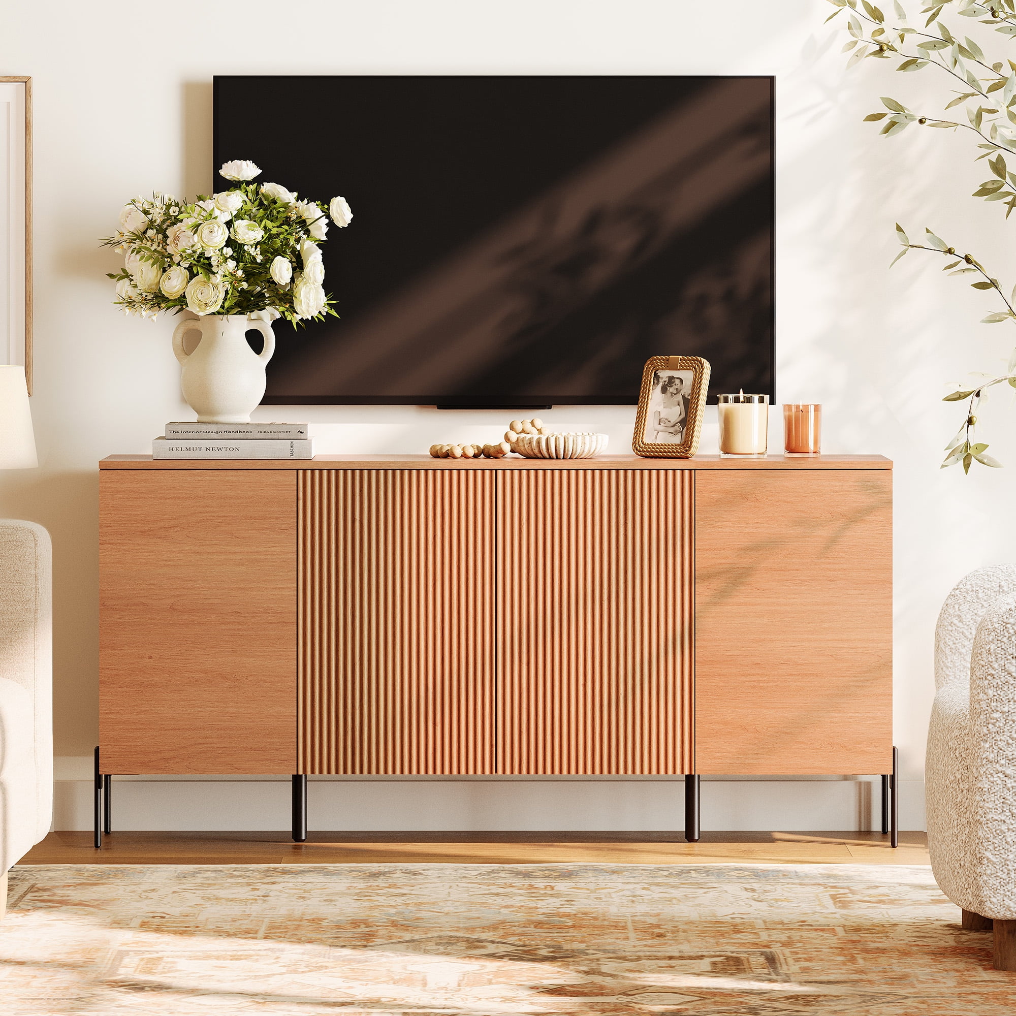 61" Modern TV Stand With Storage, Reeded Entertainment Center, Wooden TV Console With 4 Doors For Living Room