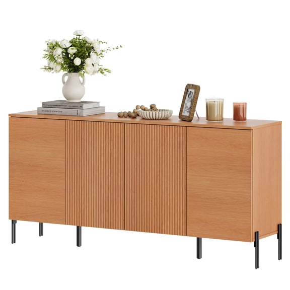 61" Modern TV Stand With Storage, Reeded Entertainment Center, Wooden TV Console With 4 Doors For Living Room