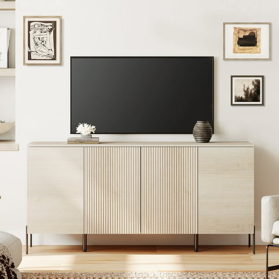 61" Modern TV Stand With Storage, Reeded Entertainment Center, Wooden TV Console With 4 Doors For Living Room