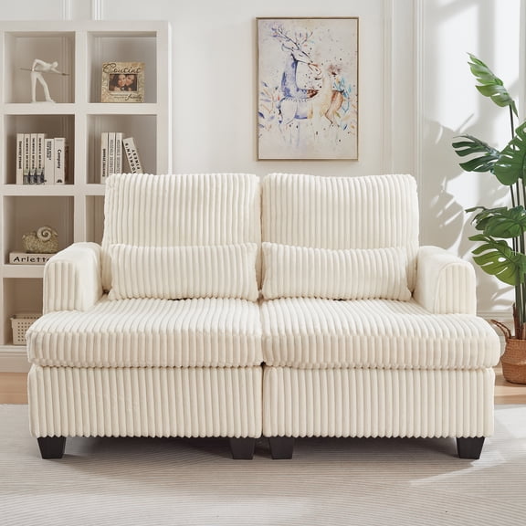 61" Modular Adjustable Loveseat Sofa, Small Loveseat with Corduroy Fabric, Traditional Sofa with Wood Metal Frame for apartment and living room, White