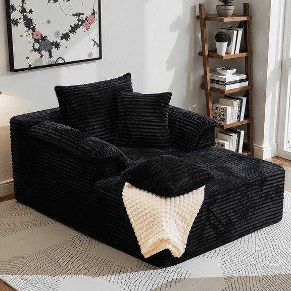 61'' Oversized Chaise Lounge Chair Indoor Cloud Plush Corduroy Floor Sofa Bed with 3 Pillow,No Assembly for Guest Room, Living Room, or Dorm, Black
