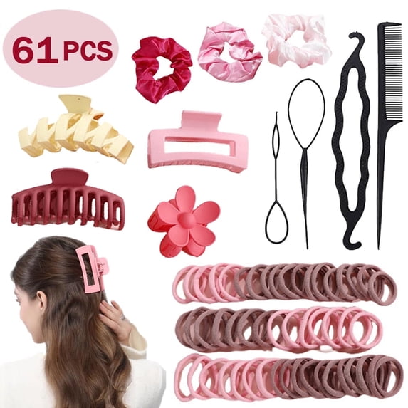 61 PCS Hair Accessories Set for Women with Clips, Elastic Ties, No-Crease Bands & Styling Tools